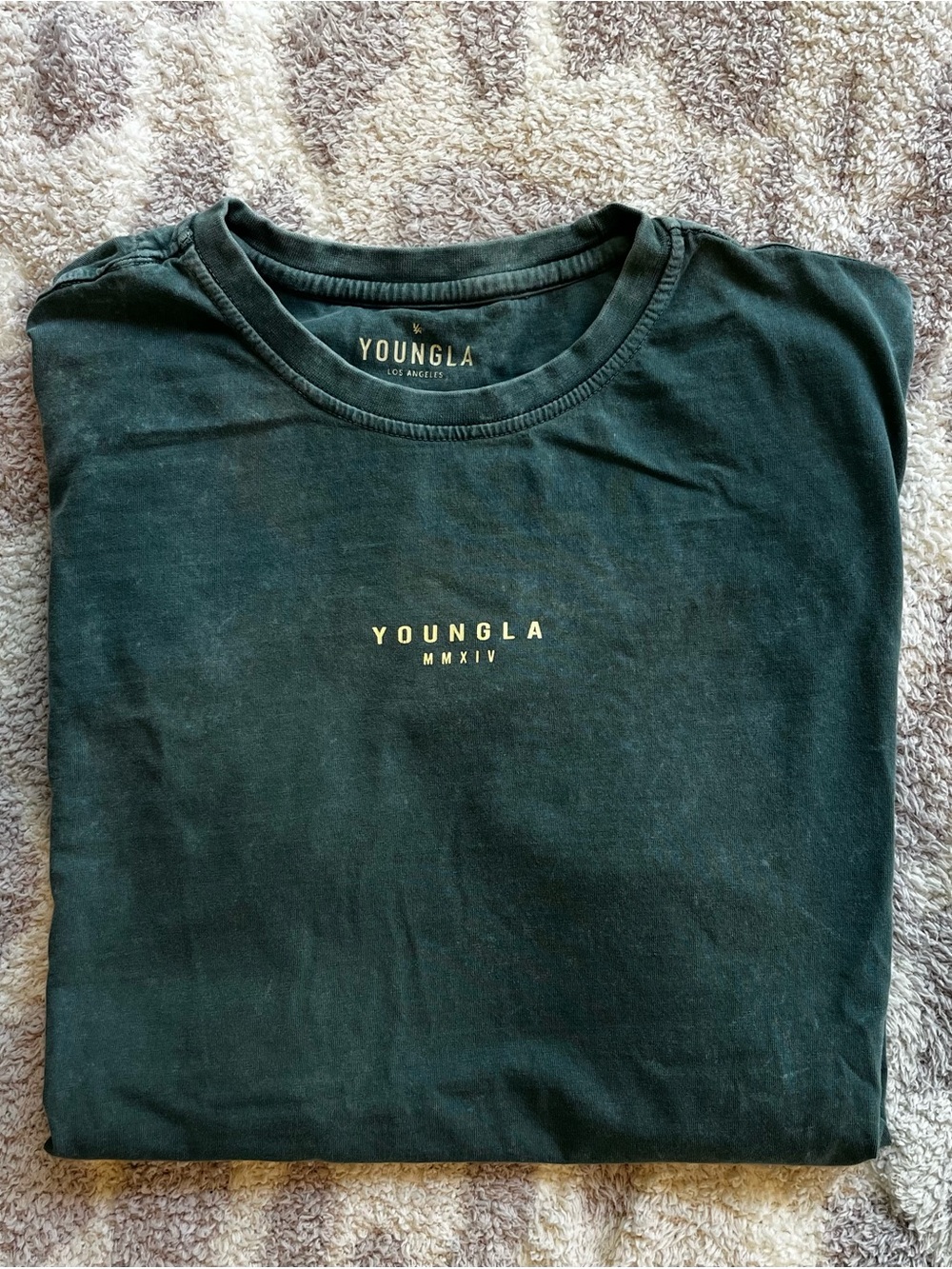 YoungLA Men’s Cotton Tee, Size Large, Washed Hunter Green Color